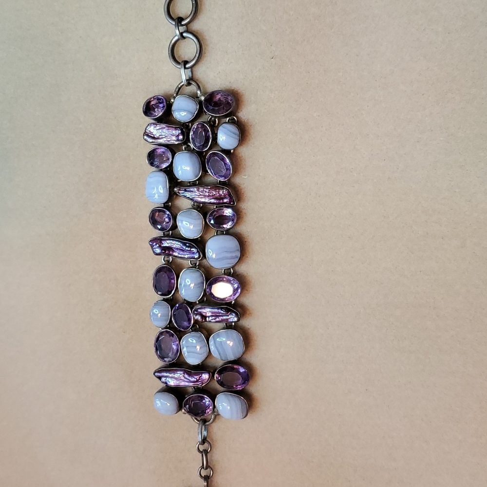 Wide gemstone and sterling silver bracelet